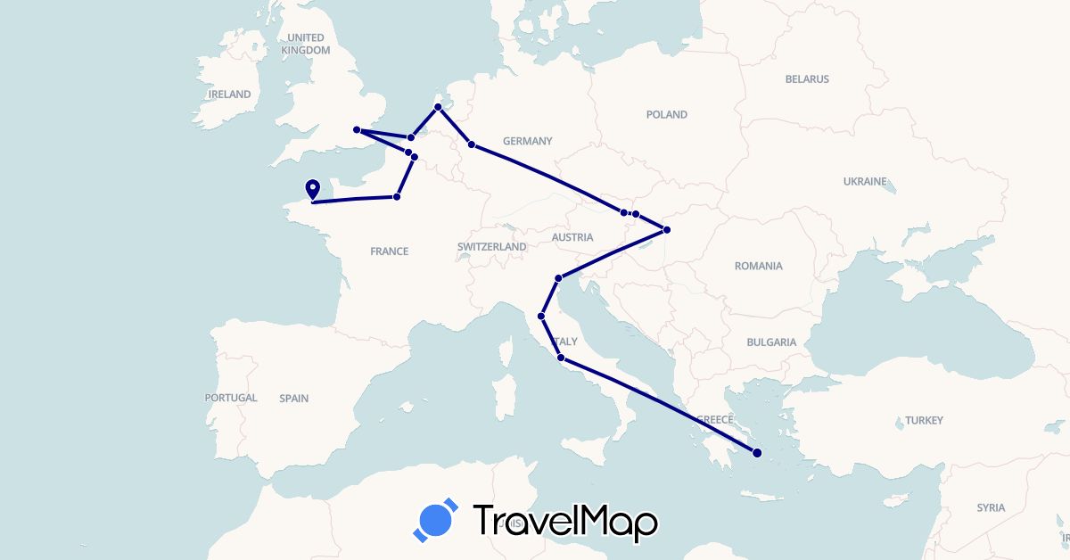 TravelMap itinerary: driving in Austria, Belgium, Germany, France, United Kingdom, Greece, Hungary, Italy, Netherlands, Slovakia (Europe)